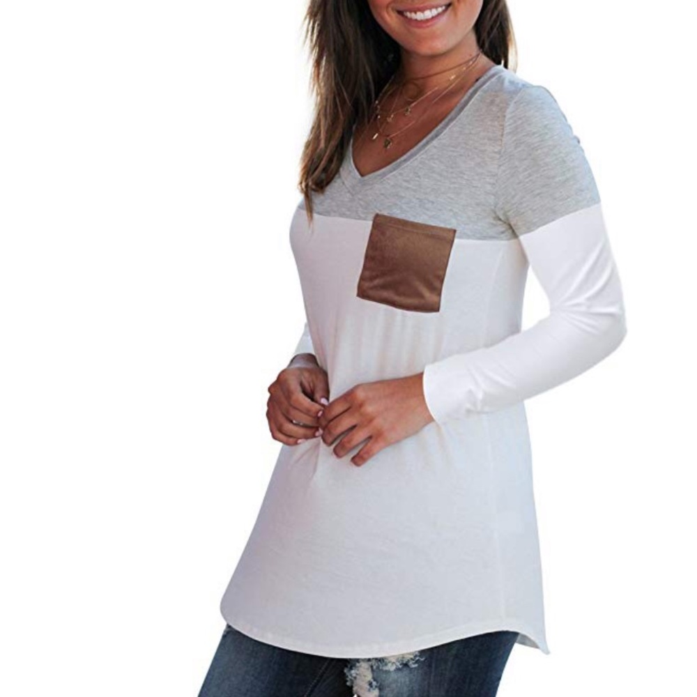Beautiful women v neck t shirt with suede pockets - Picture 2 of 4